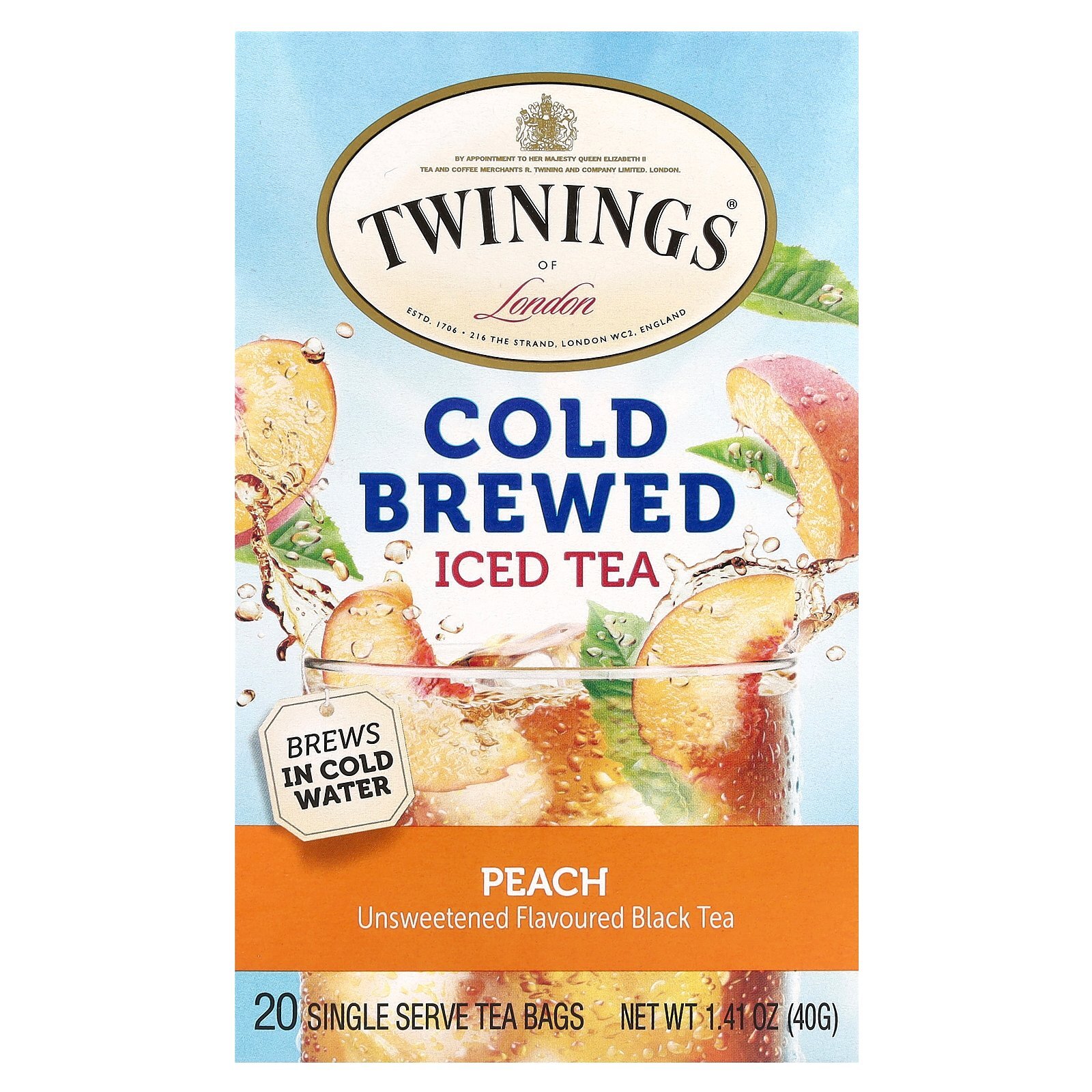 Cold Brewed Iced Tea, Black Tea, Unsweetened, Peach, 20 Single Serve Tea Bags,