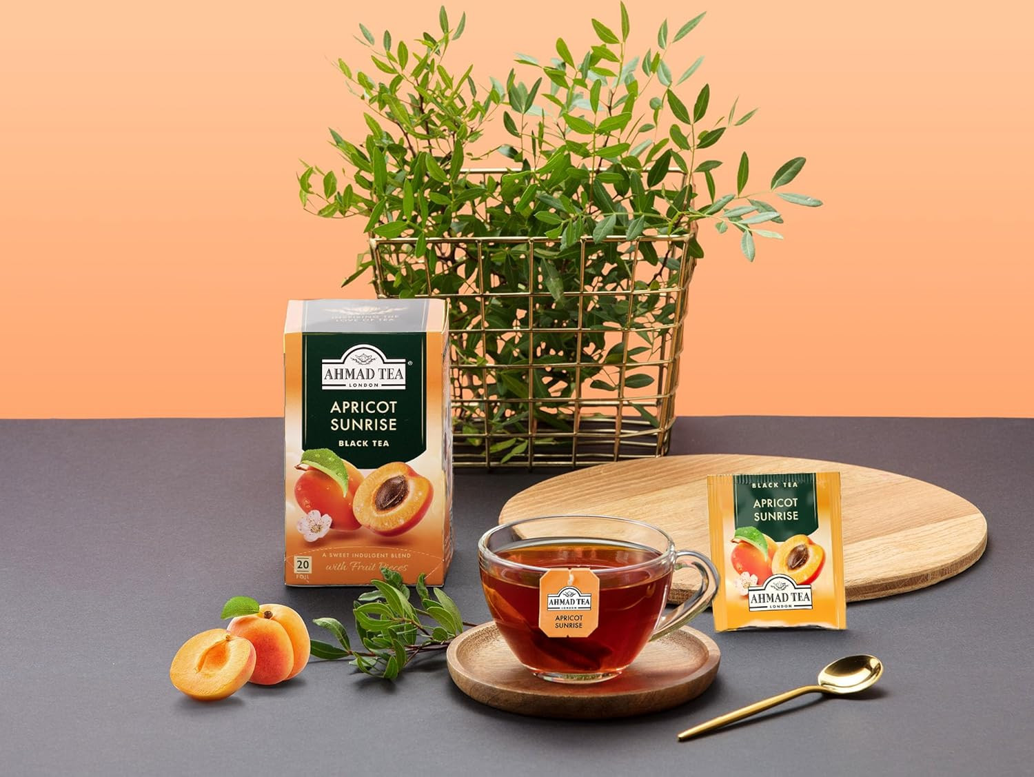 Ahmad Tea Apricot Sunrise Black Tea Bags 20 Count Fruity Flavor Antioxidant