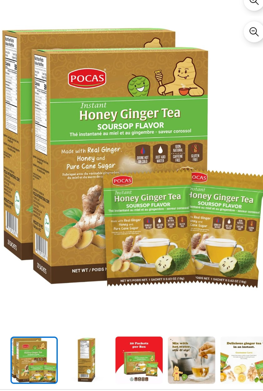 Pocas Honey Ginger Instant Tea Powder, Soursop Flavor, Real Ginger Extract & Hon