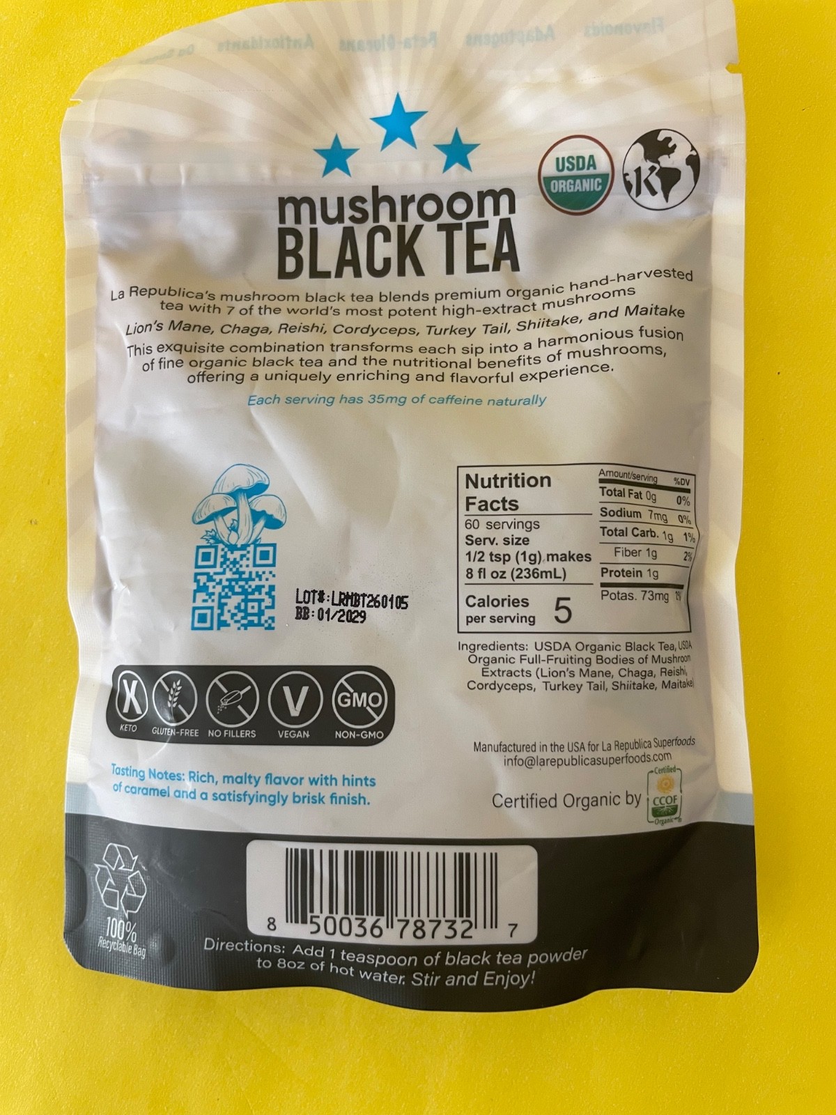 X3) LA REPUBLICA SUPERFOODS Organic Black Mushroom Tea (2.12 OZ) 60 SERVINGS