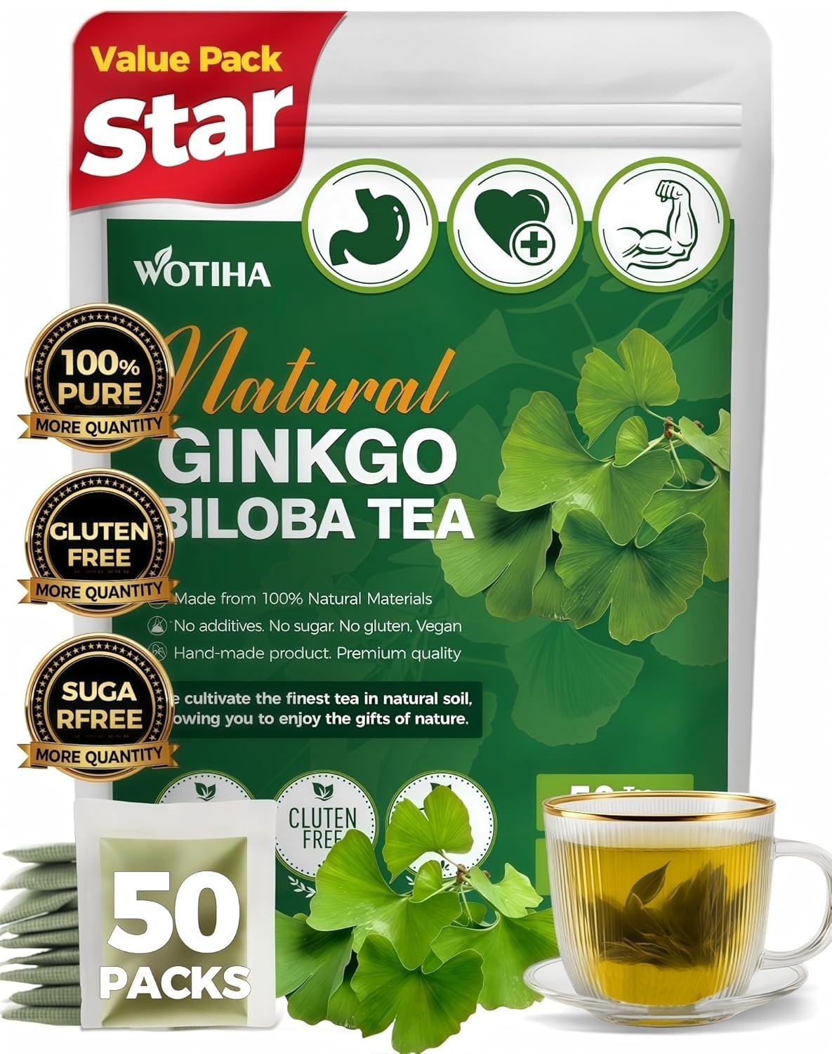 Ginkgo Biloba Tea Bags Pure Herbal Brain Support Memory Focus 50 bags