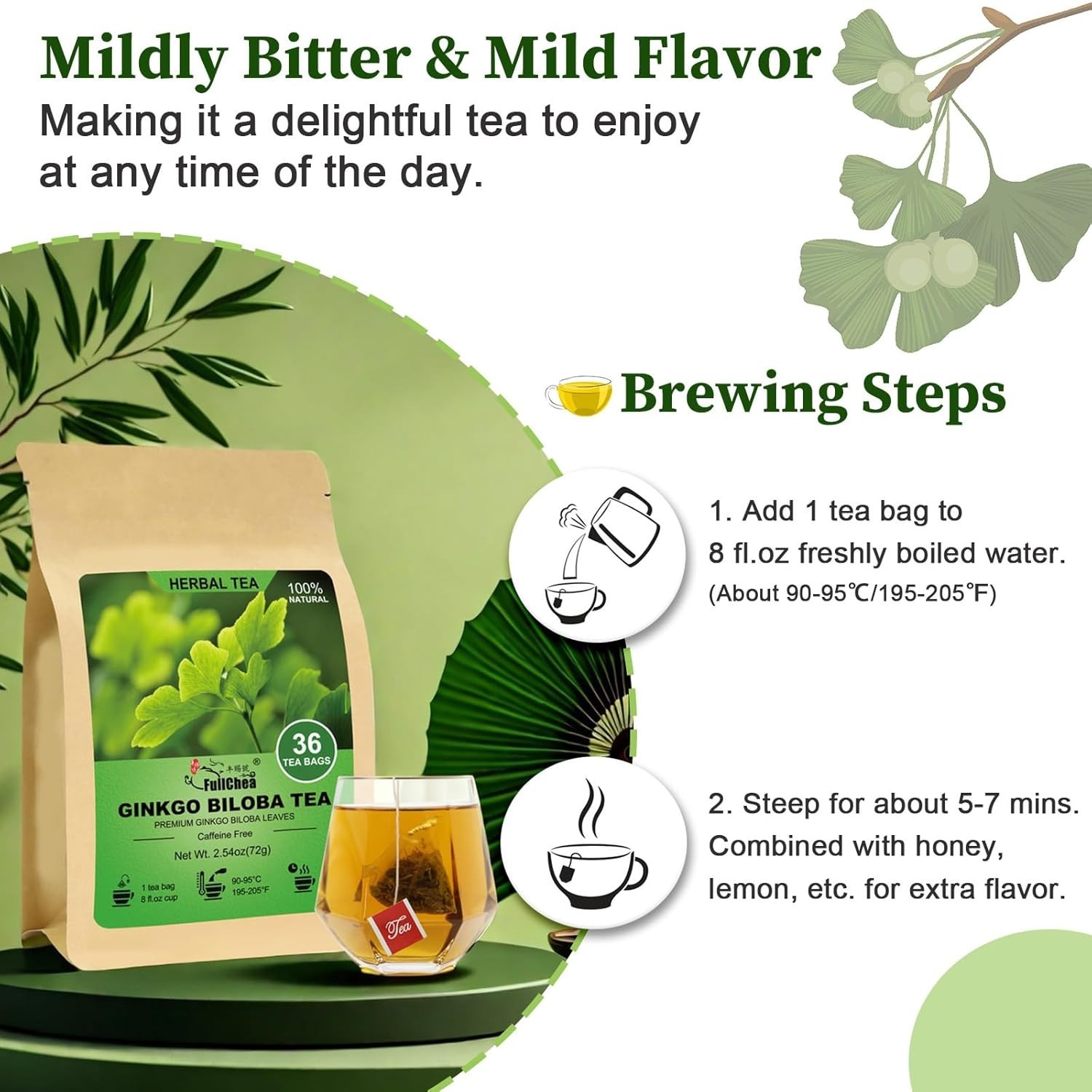 Caffeine-Free Ginkgo Biloba Tea Bags – 36 Count – Boost Memory & Focus