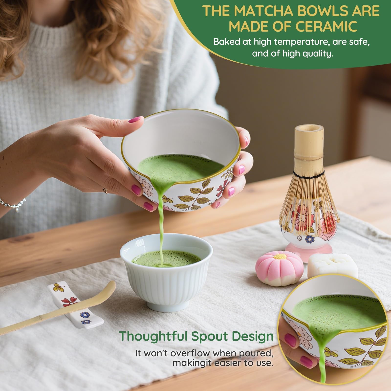 Hand-Painted Floral Matcha Ceremony Set 6 PCS Whisk Bowl Holder Scoop Rest