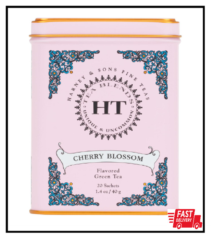 Harney & Sons Caffeinated Blossom Green Tea Tin Sachets Pink 31629, Cherry, 20 C