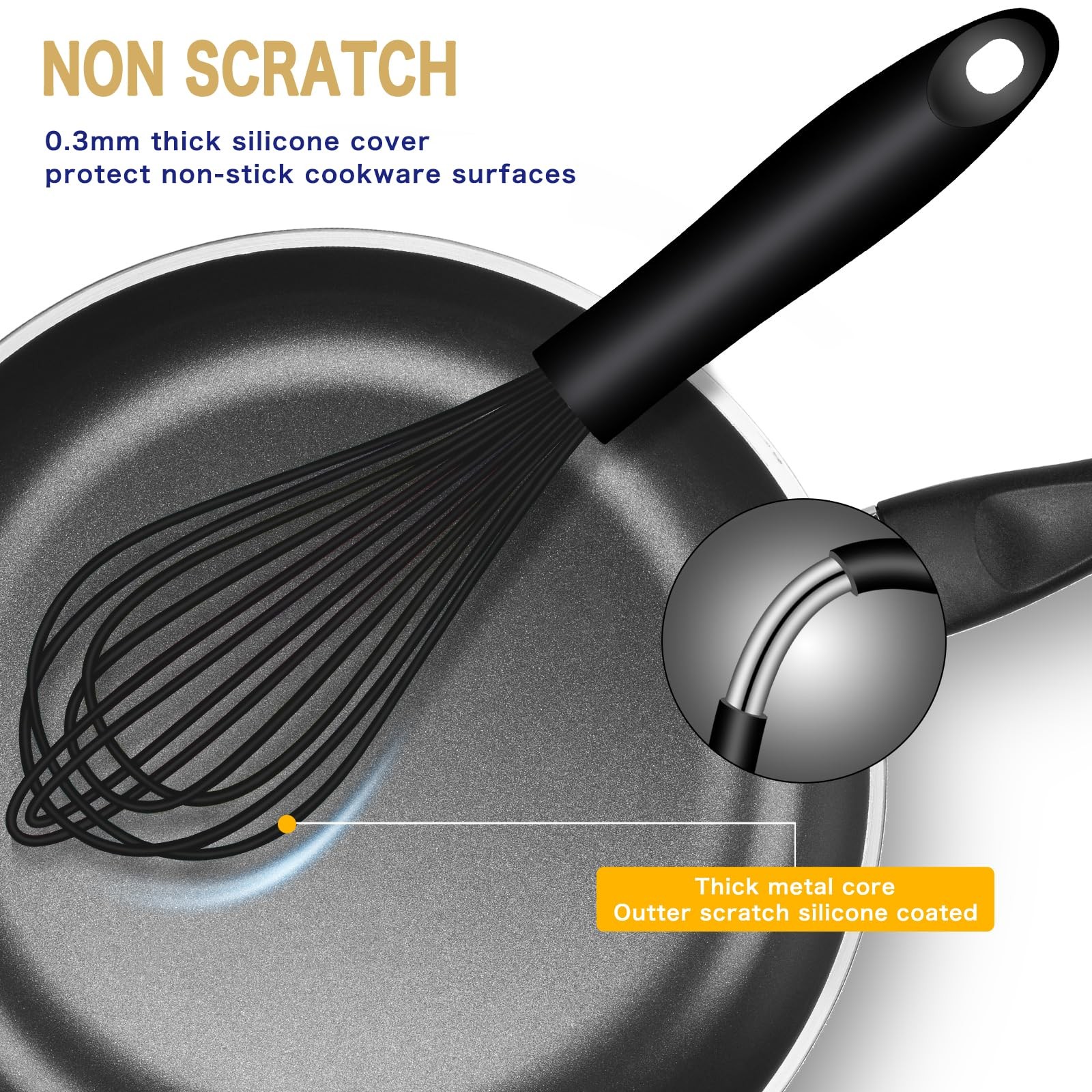OYV Dishwasher Safe Silicone Whisk, Sealed 3×12in, Premium(Black Pack)