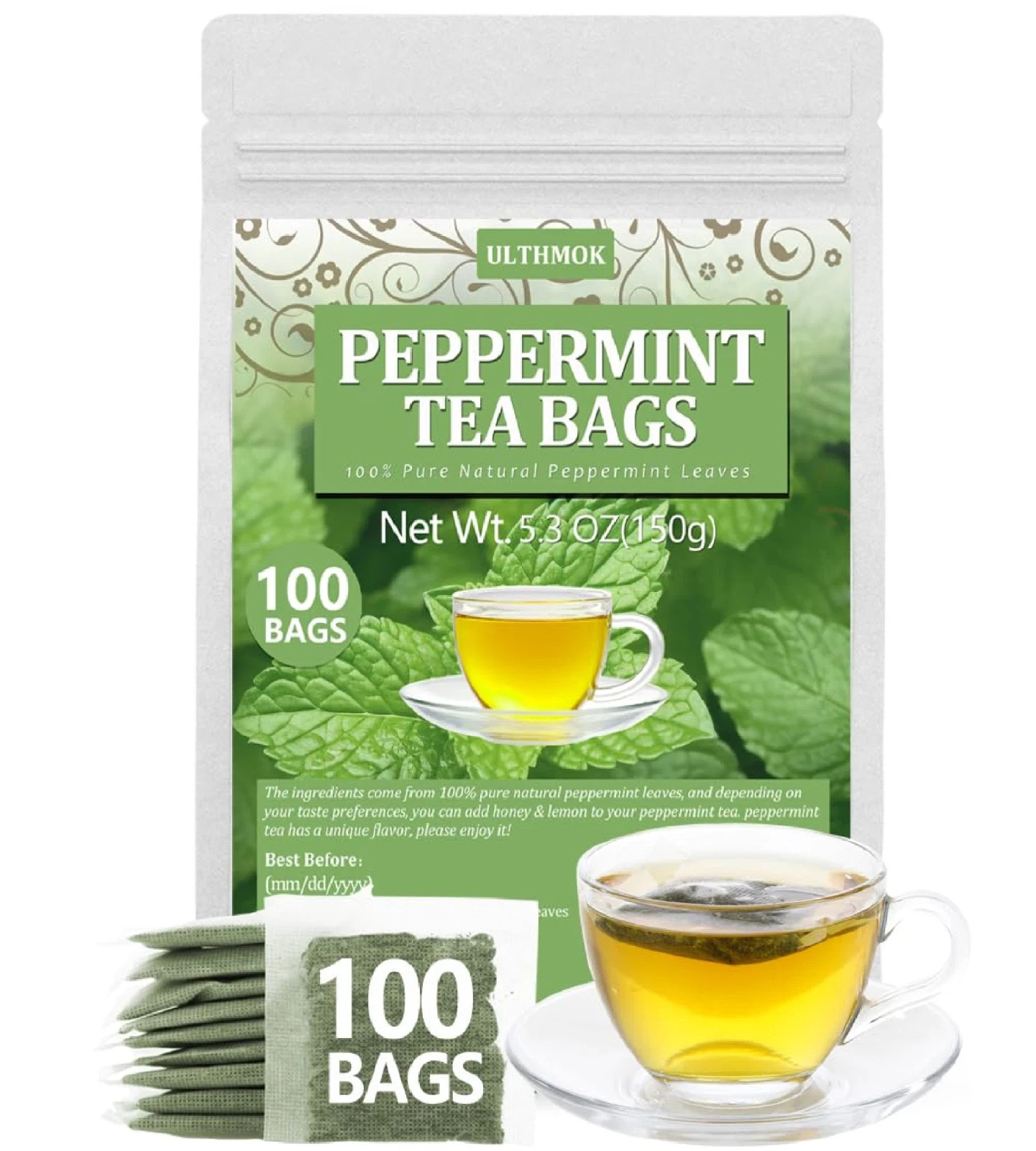 Peppermint Tea Bags, 100 Natural, Caffeine Free – 100 Bags Free Shipping..