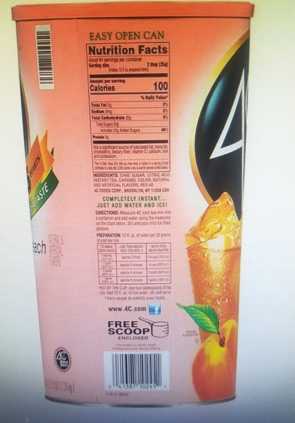 (ONE-82.6 oz.) 35 qt 4C PEACH ICED TEA MIX CANISTER WITH SCOOP INSIDE, KOSHER