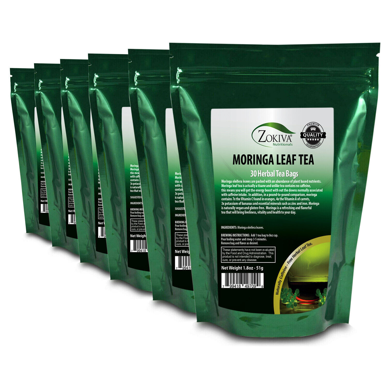 Moringa Tea Bags 6-Pack – (180) Organic, All-Natural – Caffeine-Free Herbal Tea