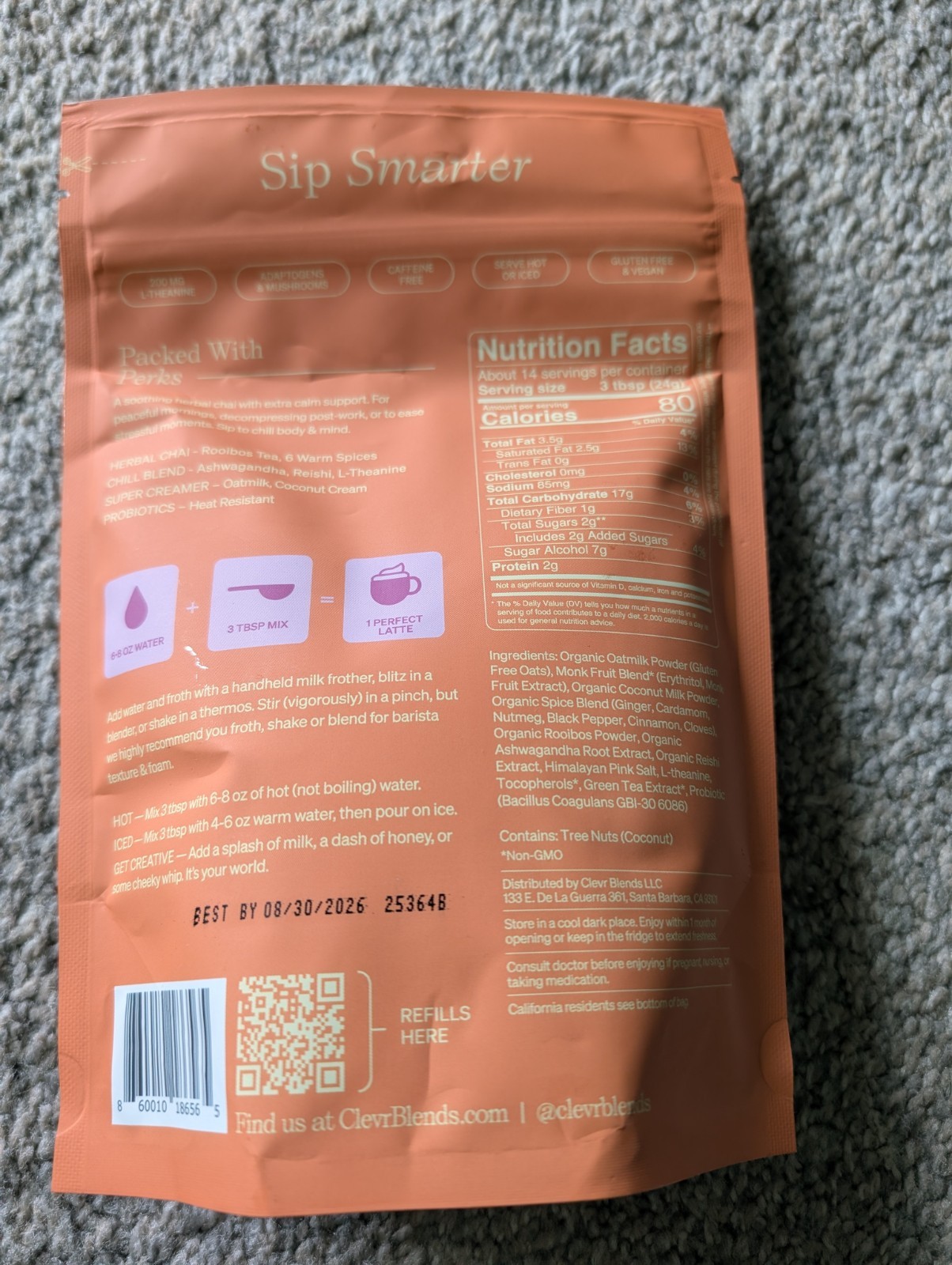 Clevr Chai SuperLatte – Instant Oat Milk Latte with Probiotics – 12 oz
