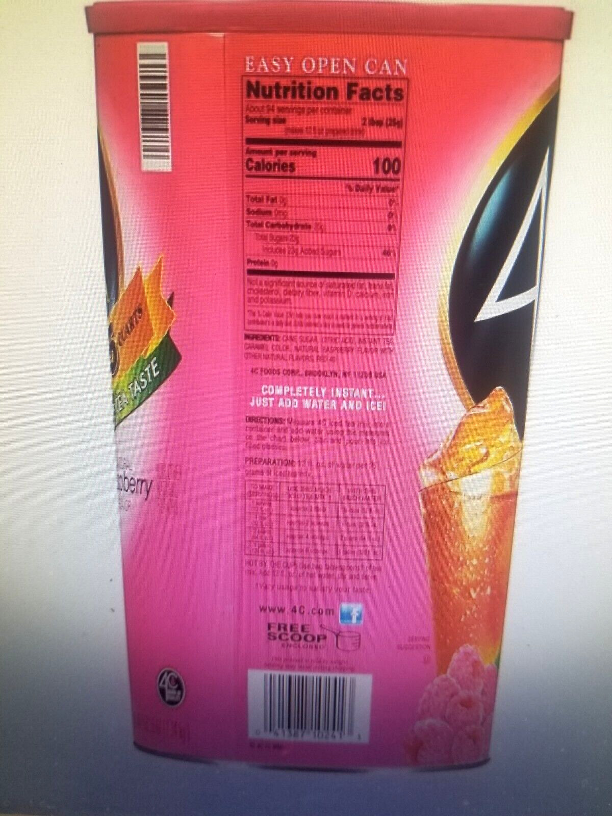 (ONE-82.6 oz) 35 qt 4C RASPBERRY ICED TEA MIX CANISTER WITH SCOOP INSIDE, KOSHER