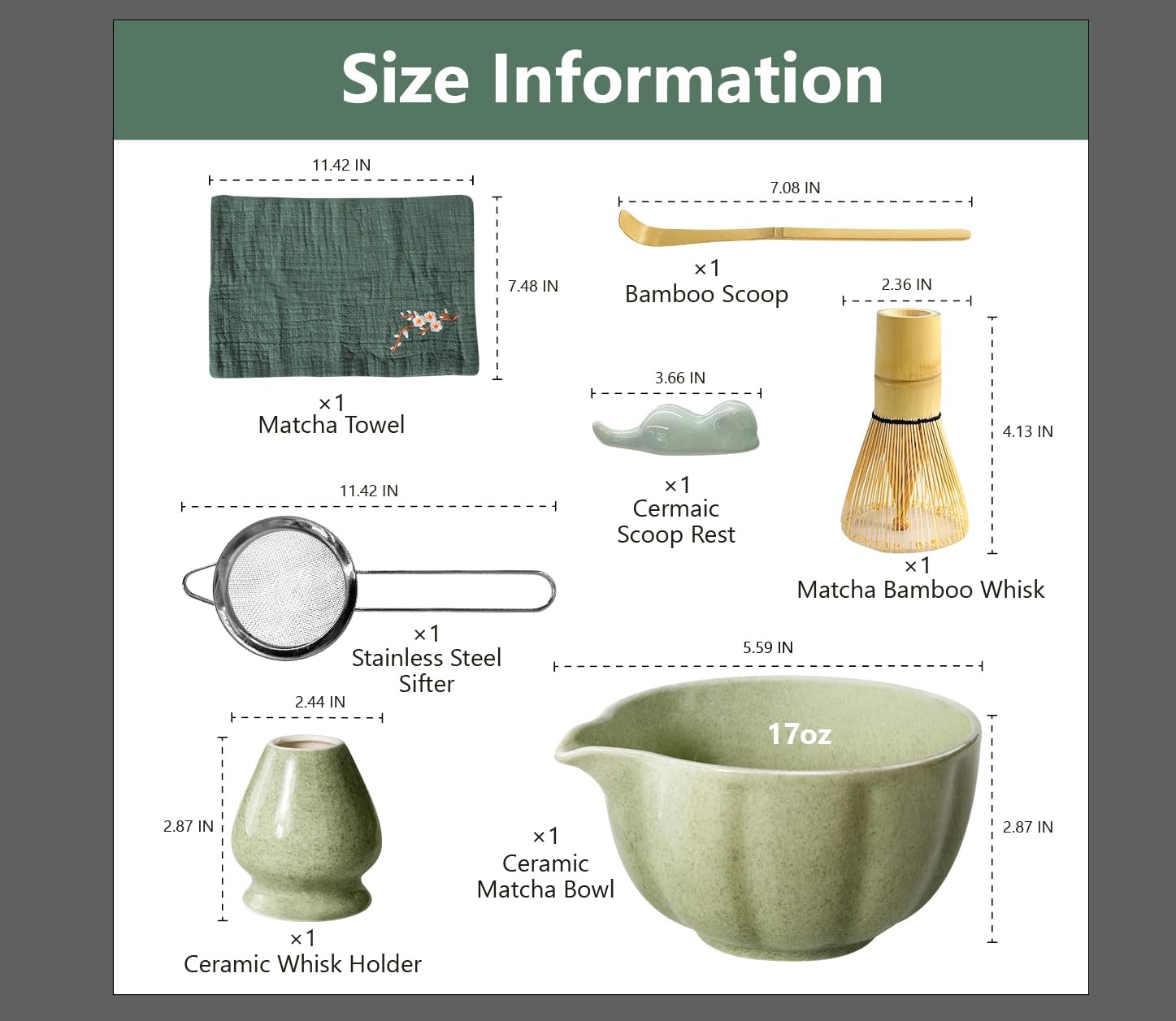 Matcha Whisk Set 7pc Bowl with Spout Tea Kit Sifter Towel Gift Set
