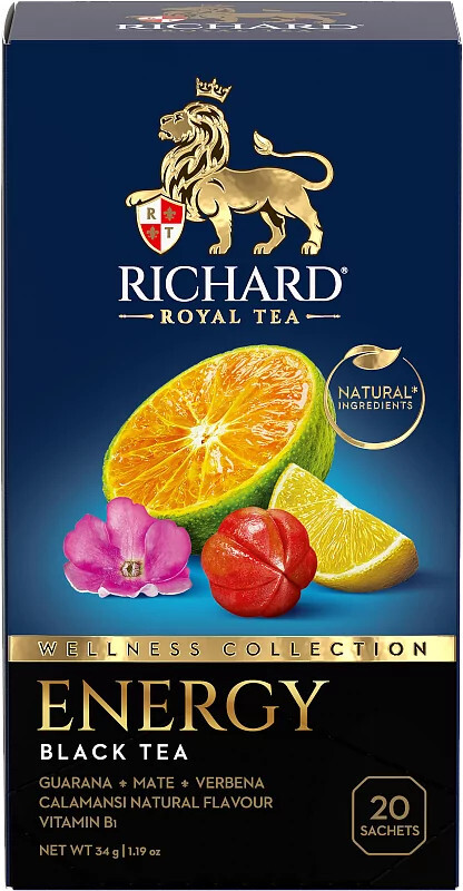 RICHARD ROYAL ENERGY Black Tea 20 sachets Gurana Mate Verbena Made in Russia RF