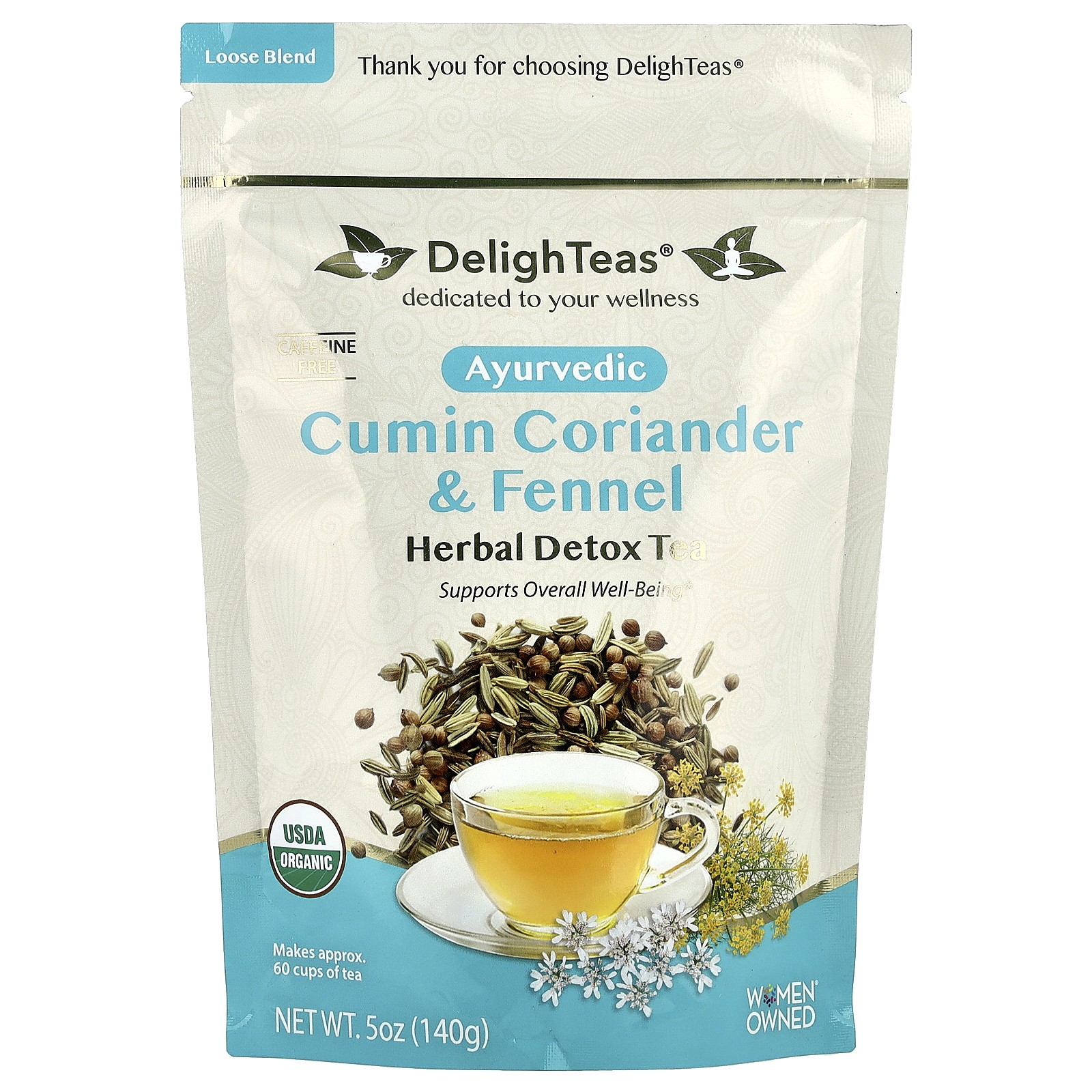 Ayurvedic Cumin Coriander & Fennel, Herbal Detox Tea, Loose Blend, Caffeine