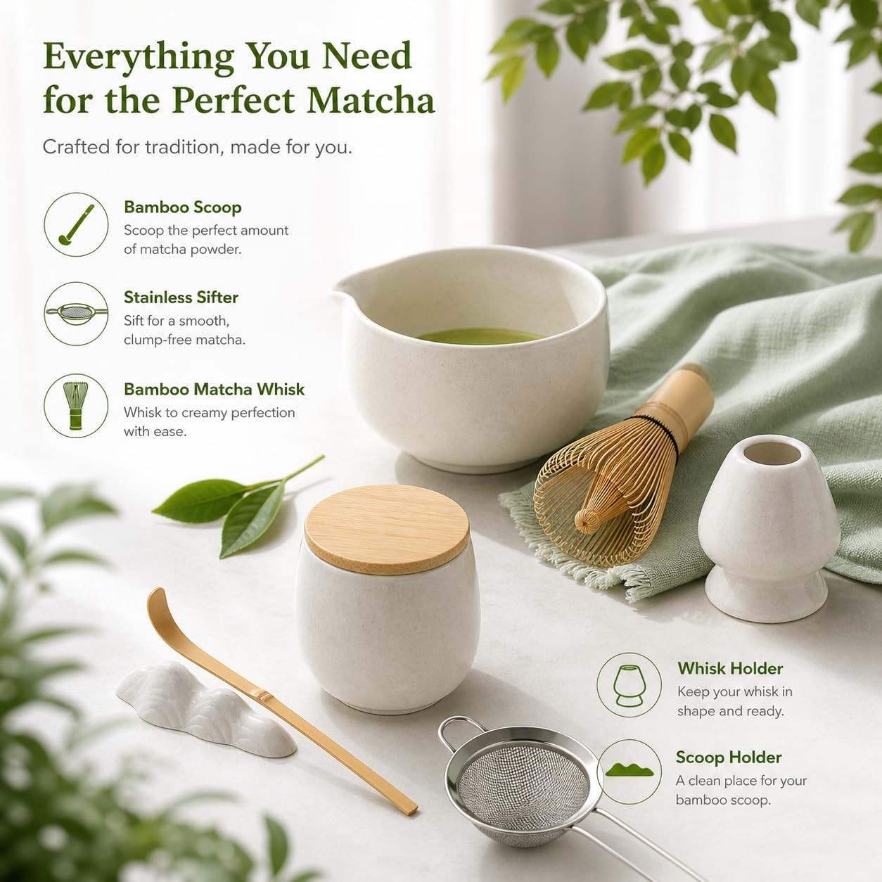 Matcha Whisk Set | 8PCS Ceramic Matcha Kit (White) with Bowl, Bamboo Whisk (C