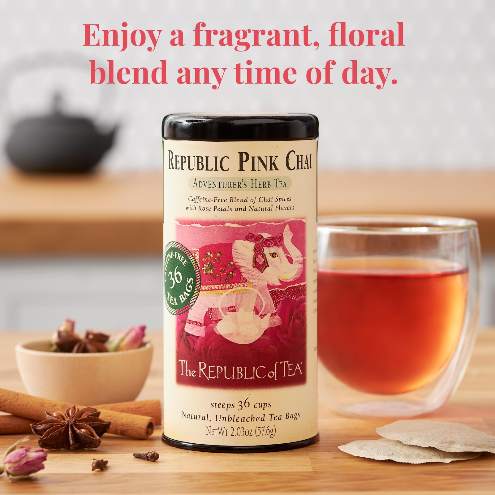 Republic Pink Chai Herbal Tea Tin 36 Tea Bags Naturally Caffeine Free