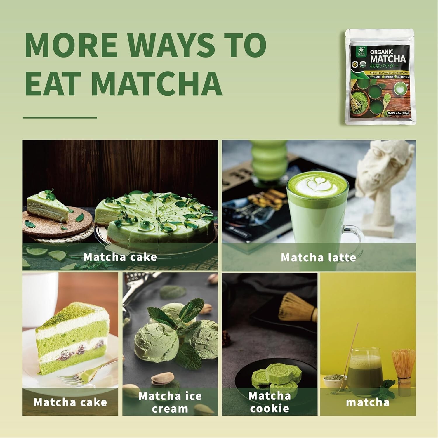 Pure Matcha Powder Green Tea Powder for Latte, Cooking, Baking,100% Natural