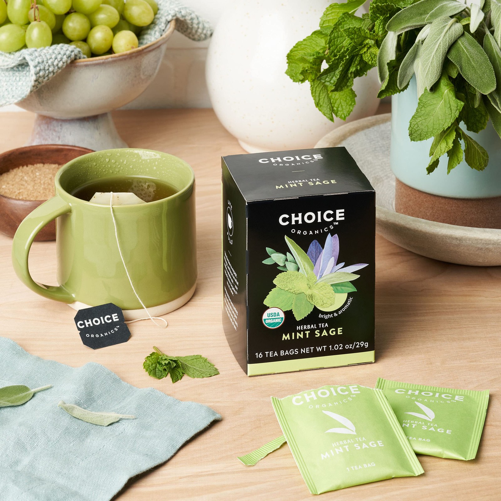 Choice Organics Mint Sage Tea 16 Count Caffeine Free Organic Herbal Tea Bags