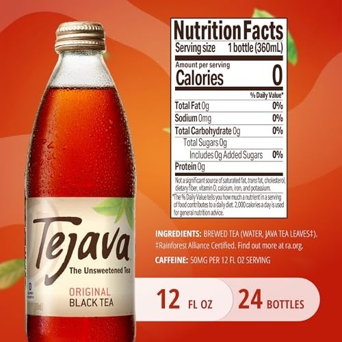 Tejava Unsweetened Black Iced Tea, 24 Pack 12oz Bottles, No Sugar.