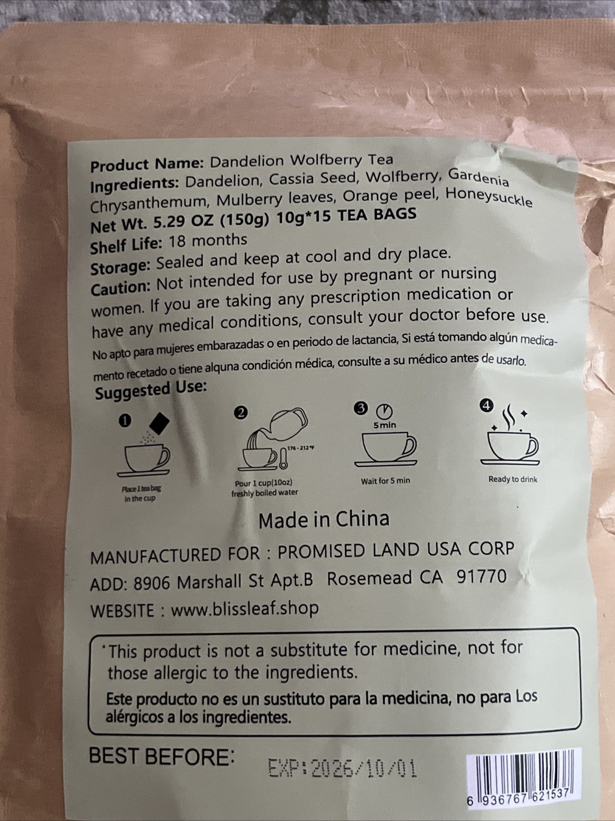 Dandelion Root Herbal Tea , Caffeine Free , 15 Bags , 100% Nature for Gut Health