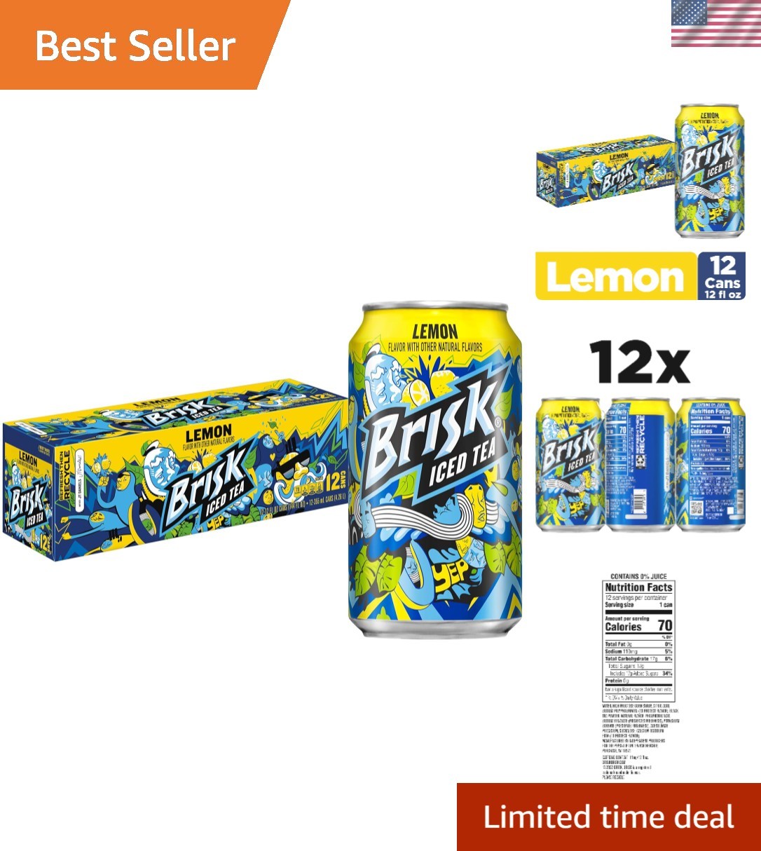 Bold Lemon Brisk Iced Tea – 12 Cans Perfect for Warm Days, Vegetarian Friendly