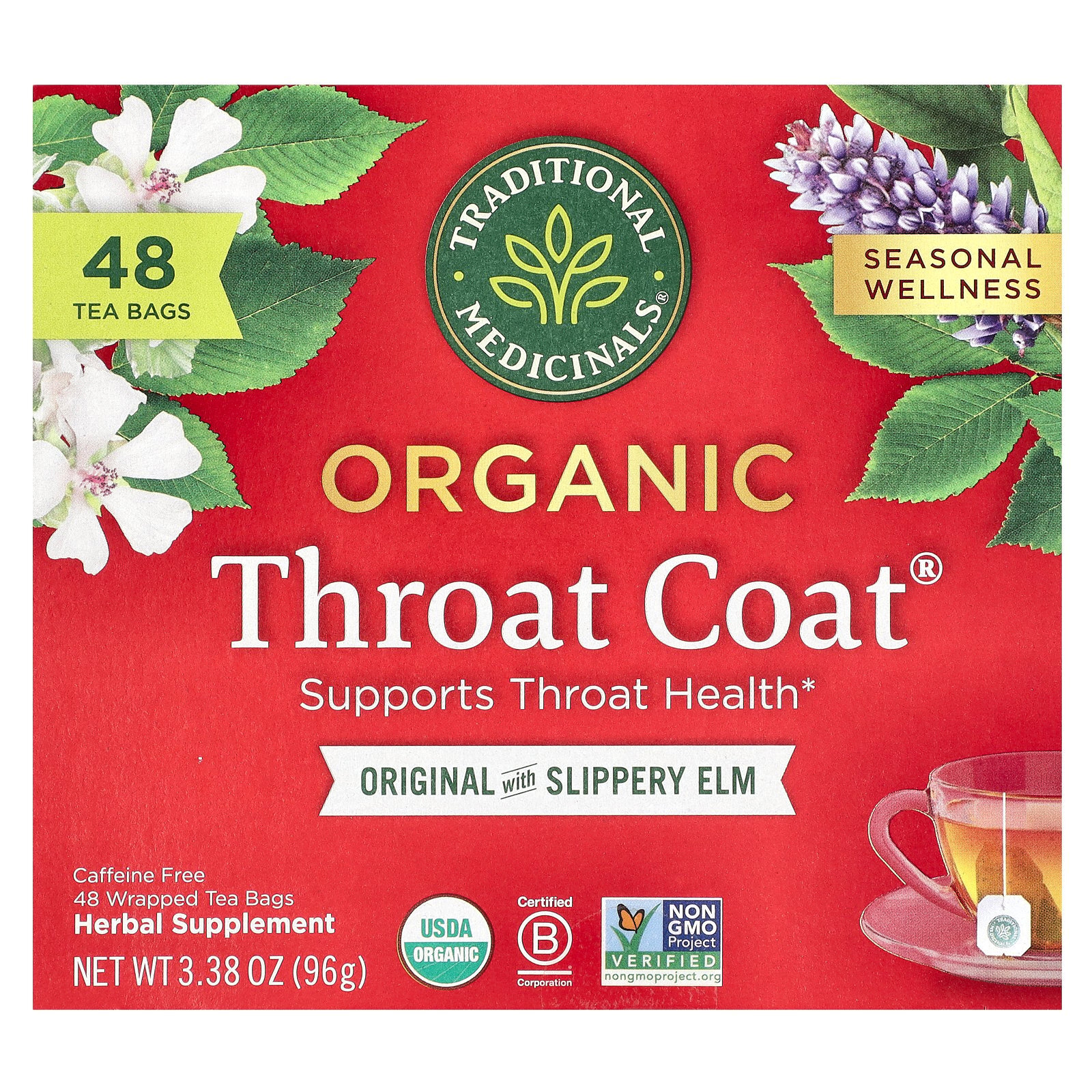 Organic Throat Coat®, Original with Slippery Elm, Caffeine Free, 48 Wrapped Tea
