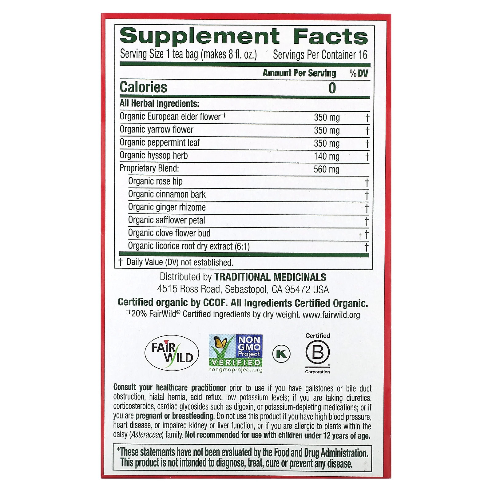 Organic Herbal Cold Care, Elderflower Spice, Caffeine Free, 16 Wrapped Tea Bags,
