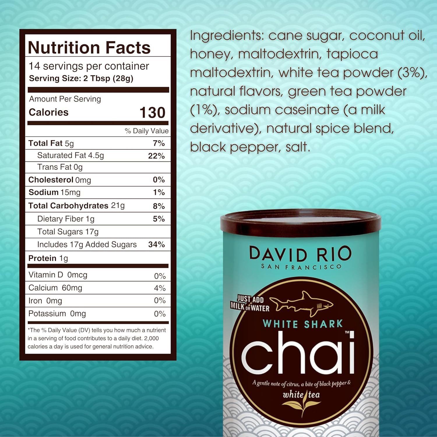 White Shark Chai Tea Latte Mix, 14 Oz, White Tea, Organic Spices, Dairy Free, Se