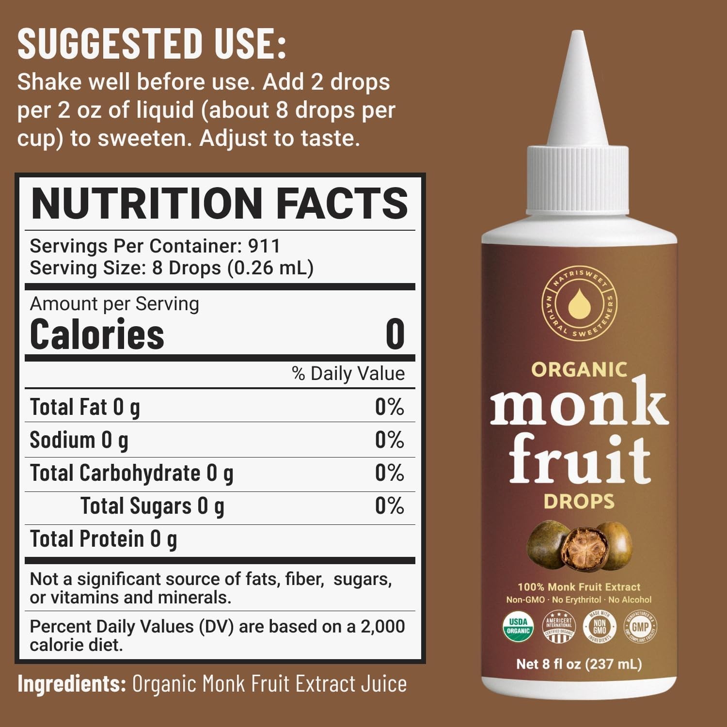 Organic Monk Fruit Liquid Sweetener Drops, 100% Pure Extract, Zero Sugar & No…