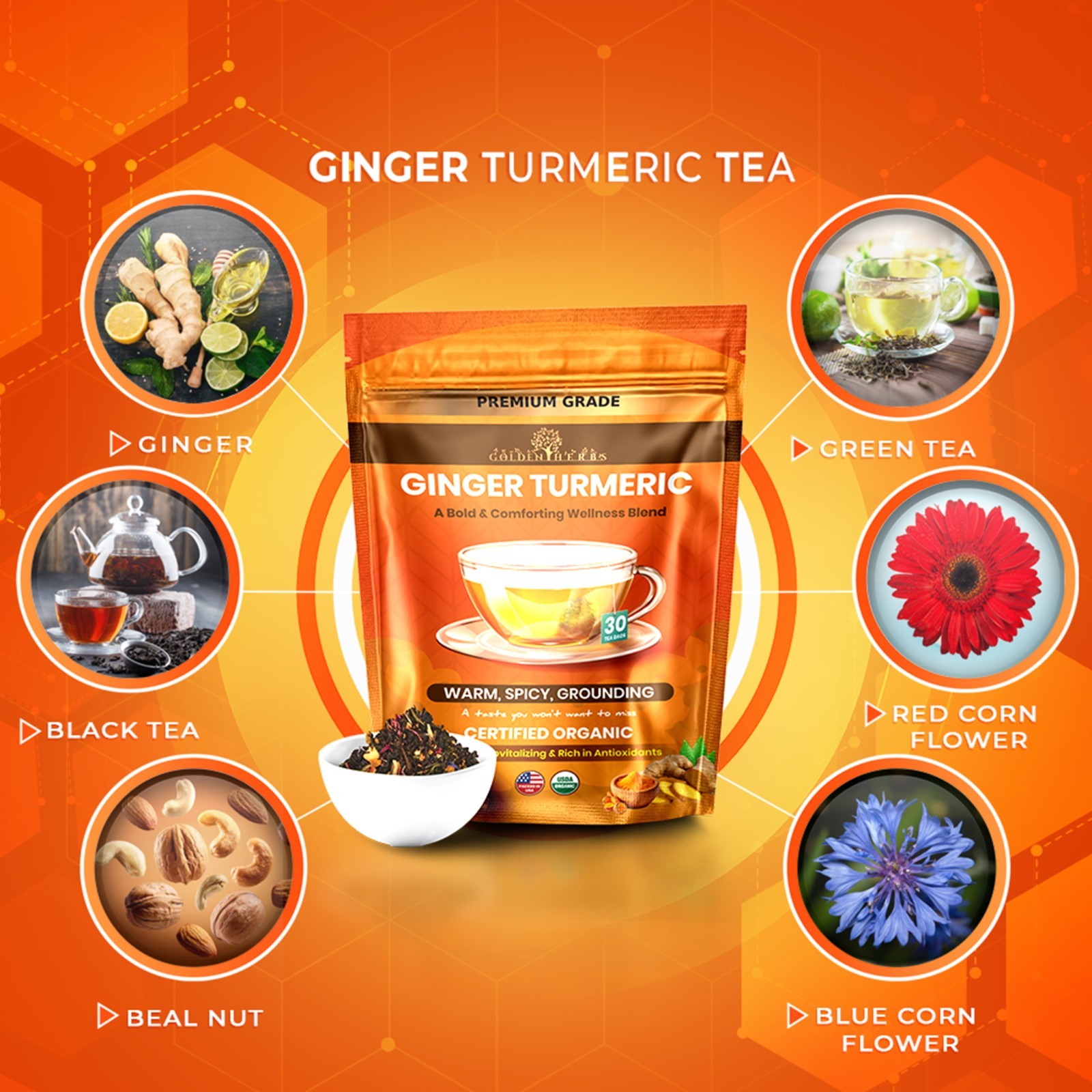 Golden Herbs Turmeric + Ginger Tea Bags, 30 Count Caffeine-Free Herbal Blend