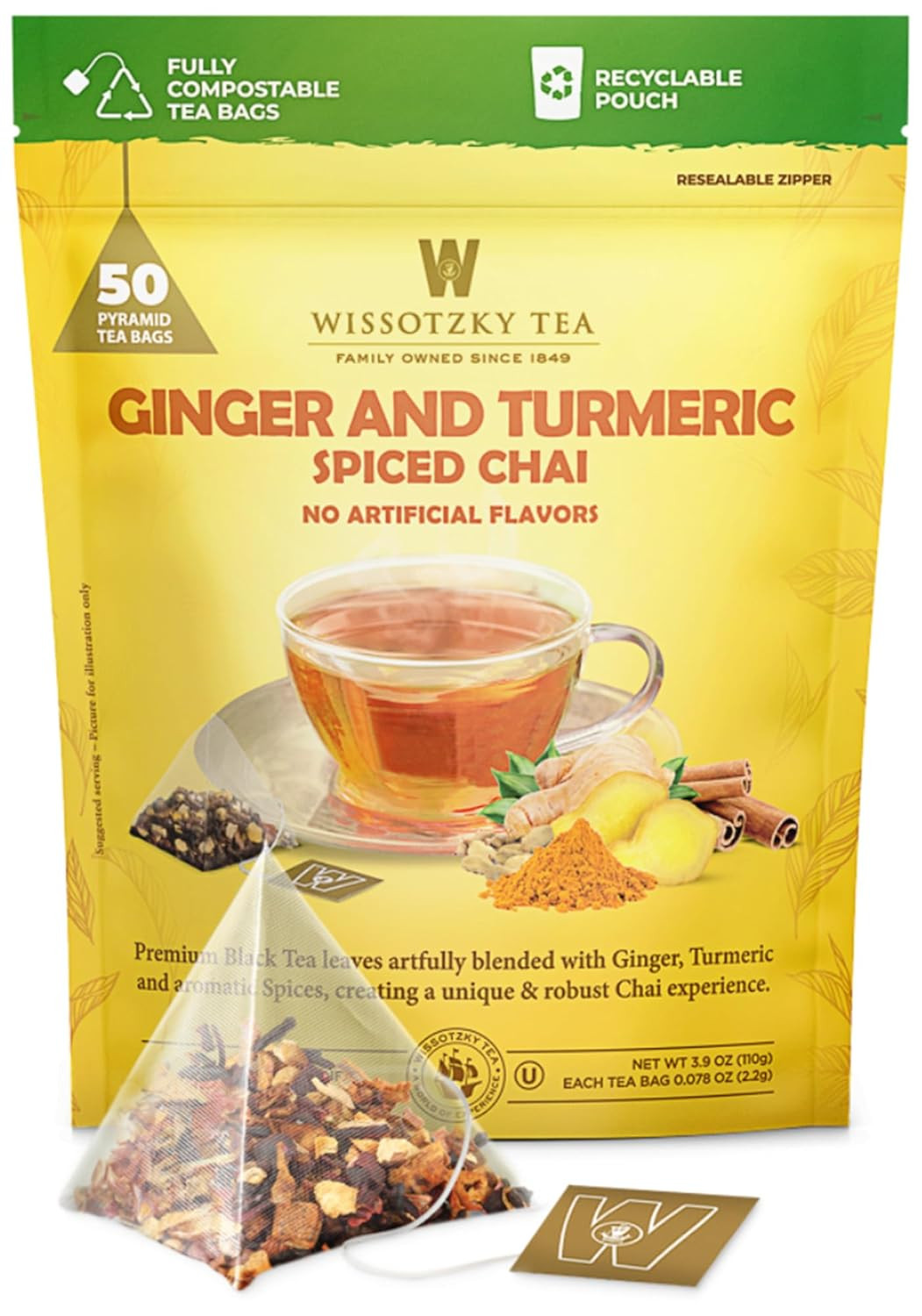Wissotzky Tea Ginger Turmeric Spiced Chai – Pack of 50 Tea Bags
