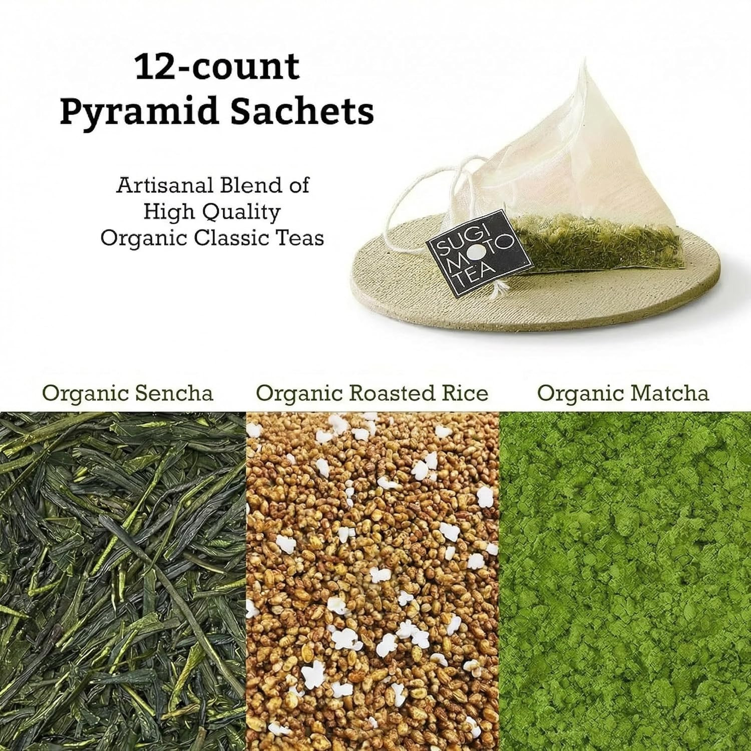 SUGIMOTO TEA Japanese Organic Genmaicha with Matcha Green Tea Bags 12 Count