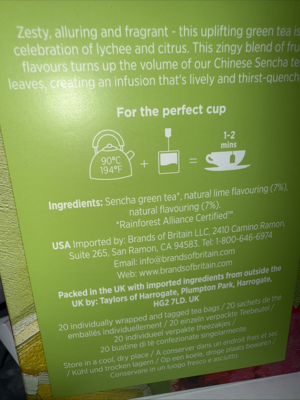 TAYLORS of Harrogate 🫖 LYCHEE & LIME GREEN TEA 2 Boxes= 40 Teabags BB:11-2026
