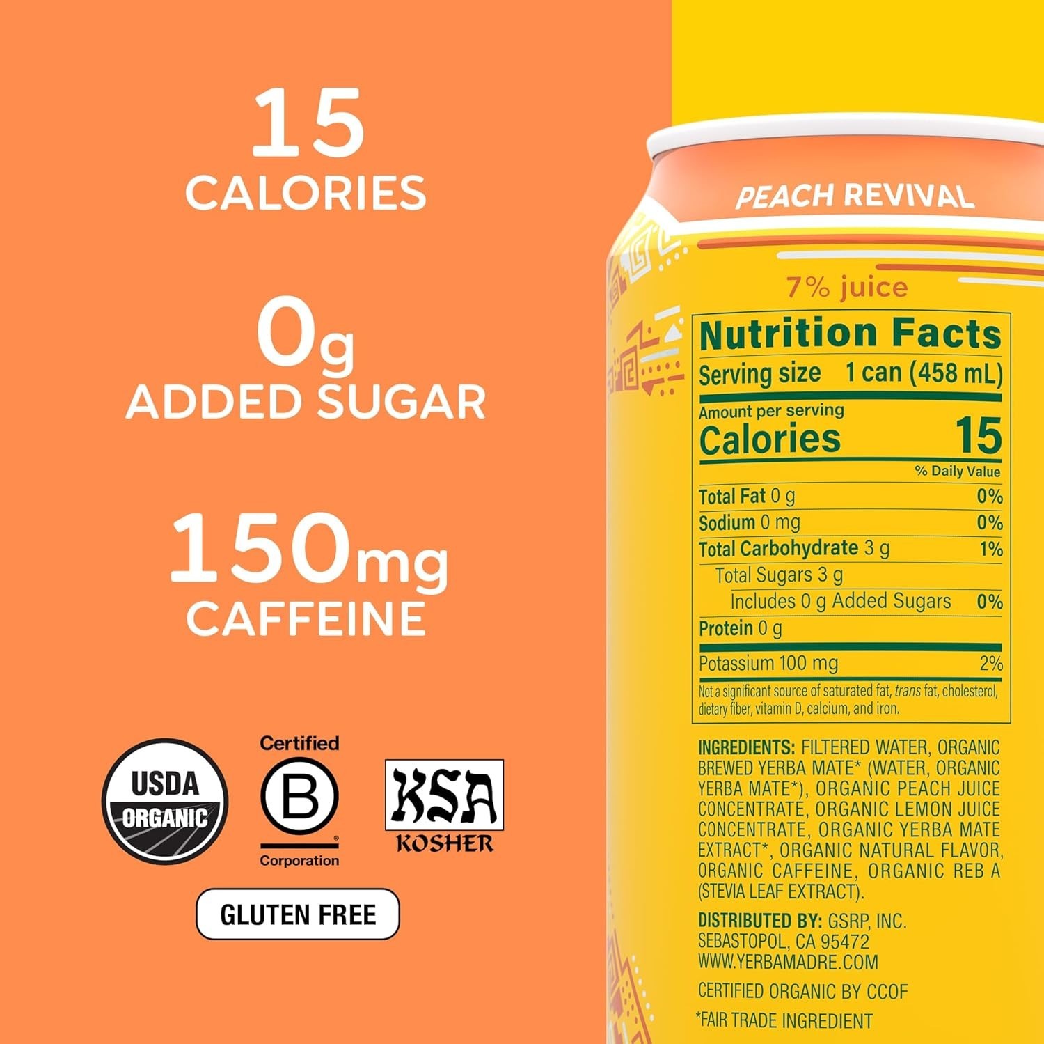 Yerba Madre Organic Yerba Mate, Low Sugar Peach Revival, 150mg Natural Caffeine