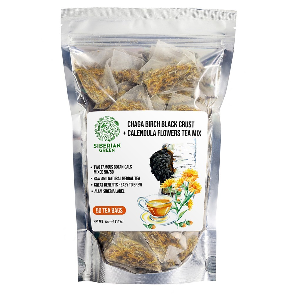 Chaga and Calendula Herbal Tea Caffeine Free Mushroom and Flower Tea 50 Bags
