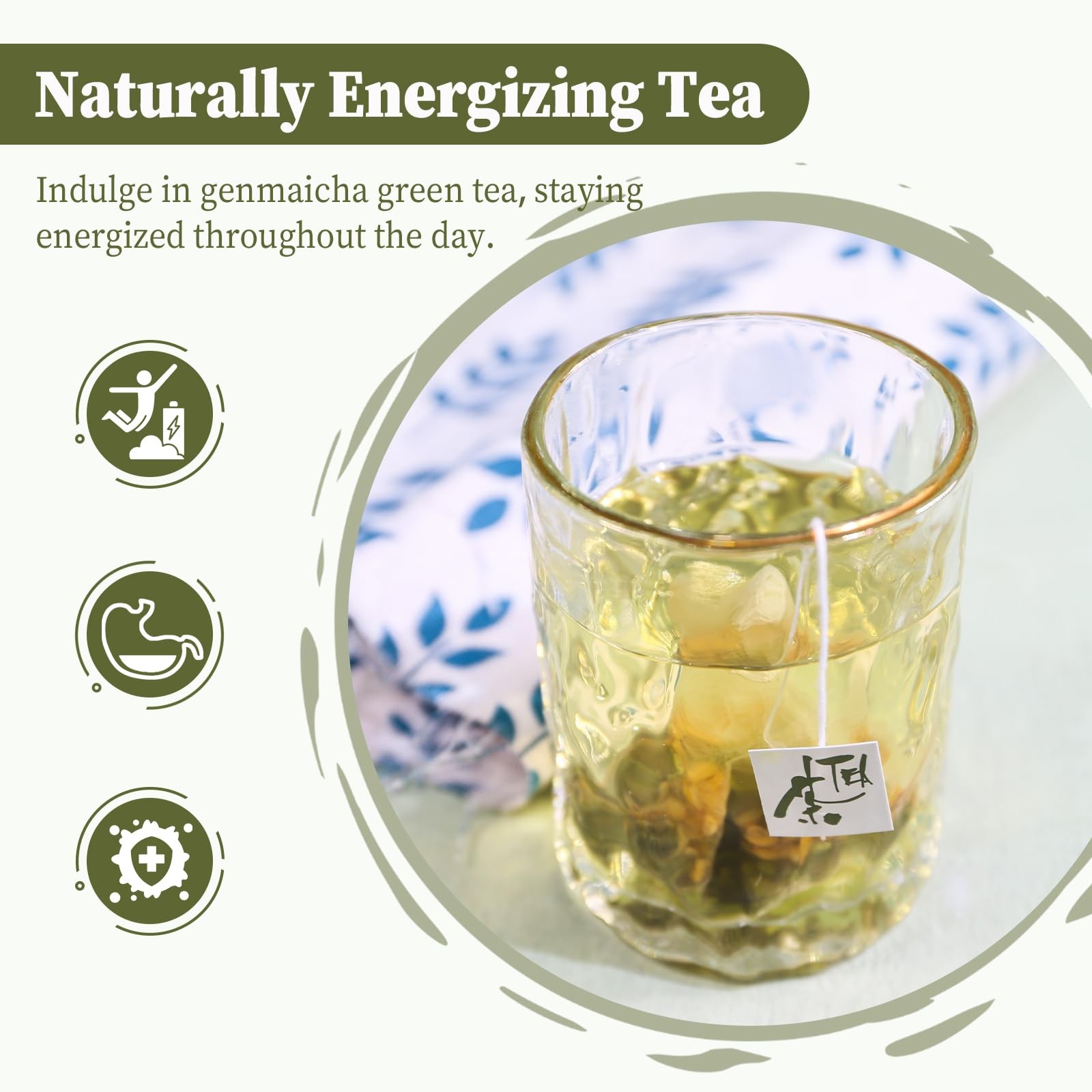 Genmaicha Tea Bags – 50 Count, Green Tea with Roasted Rice, Low Caffeine, Dig.