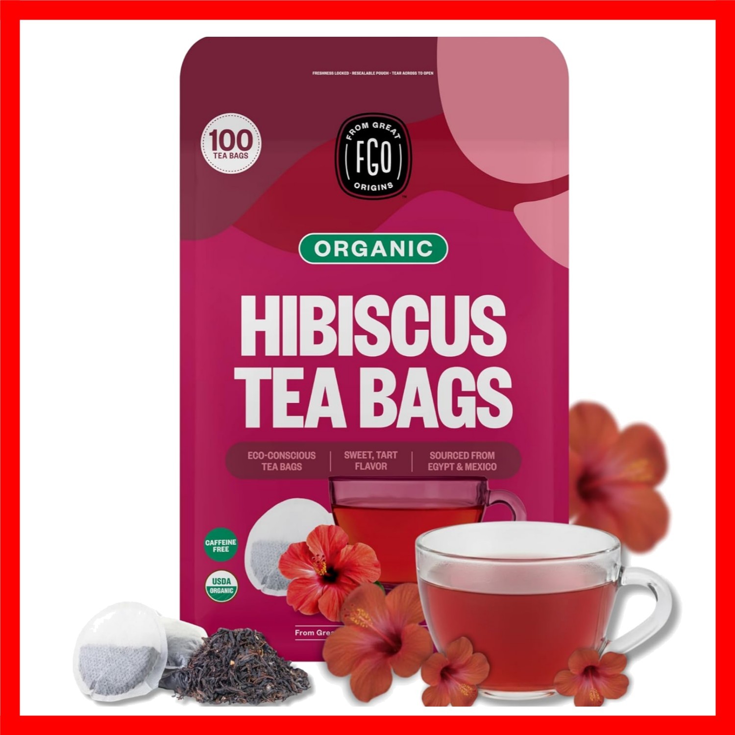 Organic Hibiscus Tea, 100 Count, Eco-Conscious Tea Bags, Caffeine Free, Packa…