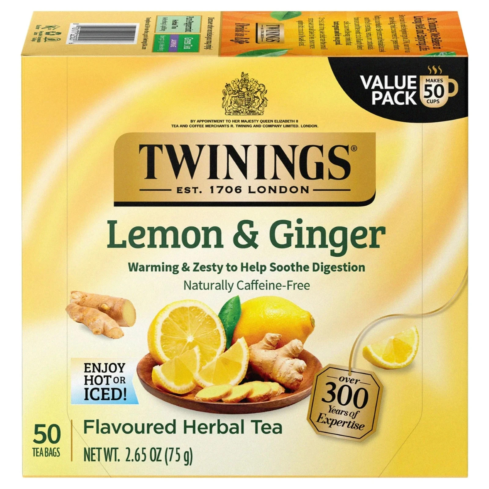 NEW Twinings Lemon & ginger herbal Tea Bags, Caffeine Free, 50 Count Box