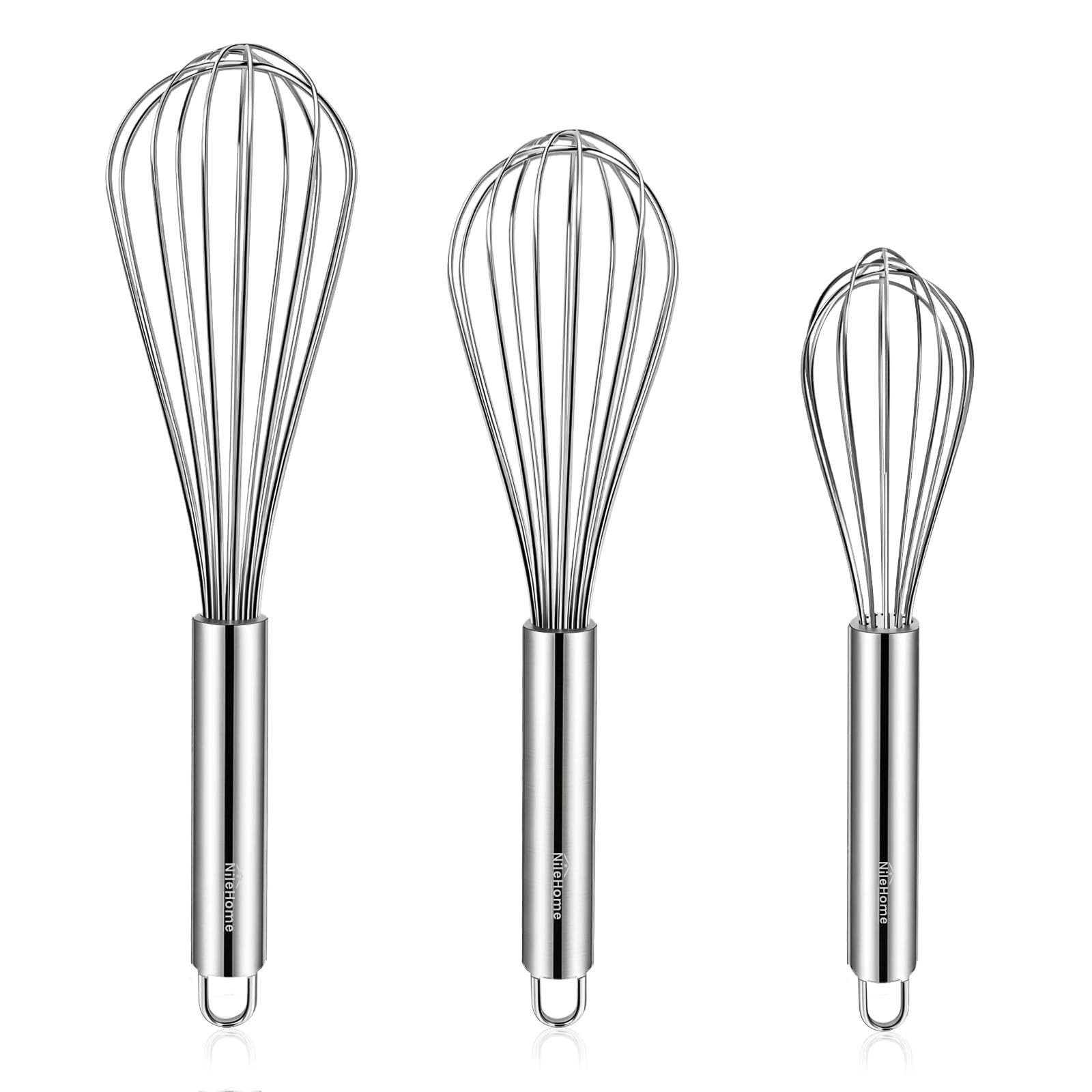 NileHome Stainless Steel Whisk Set 8″ 10″ 12″ Kitchen 3 Piece, Silver