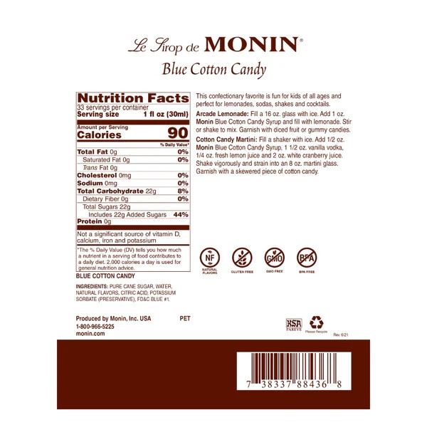 Monin Blue Cotton Candy Syrup (1L), H-Cotton Candy, Blue 1.0L