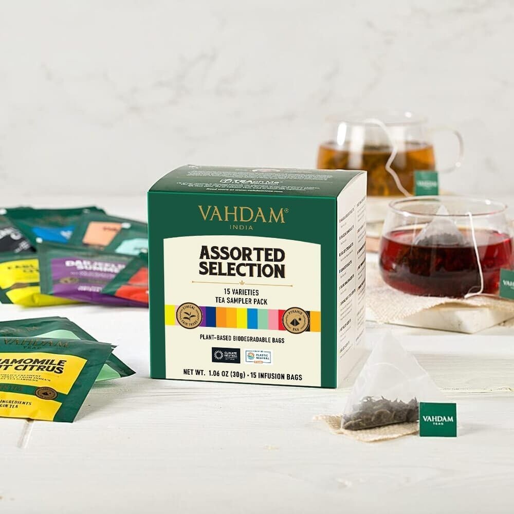 VAHDAM Assorted Tea Sampler (15 Different Variety) Long Leaf Premium Tea
