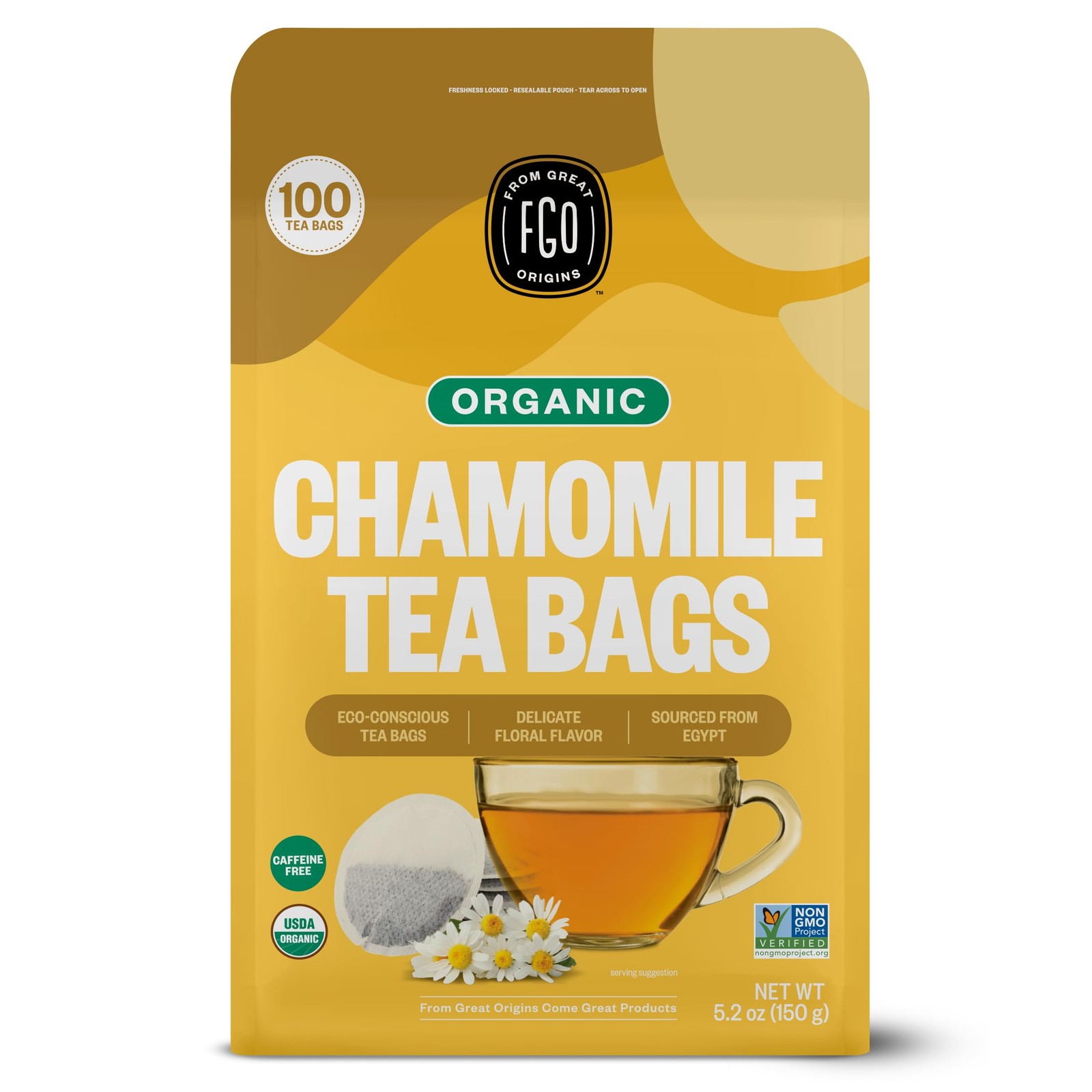 FGO Organic Chamomile Tea, 100 Count, Eco-Conscious Tea 100 Count (Pack of 1)