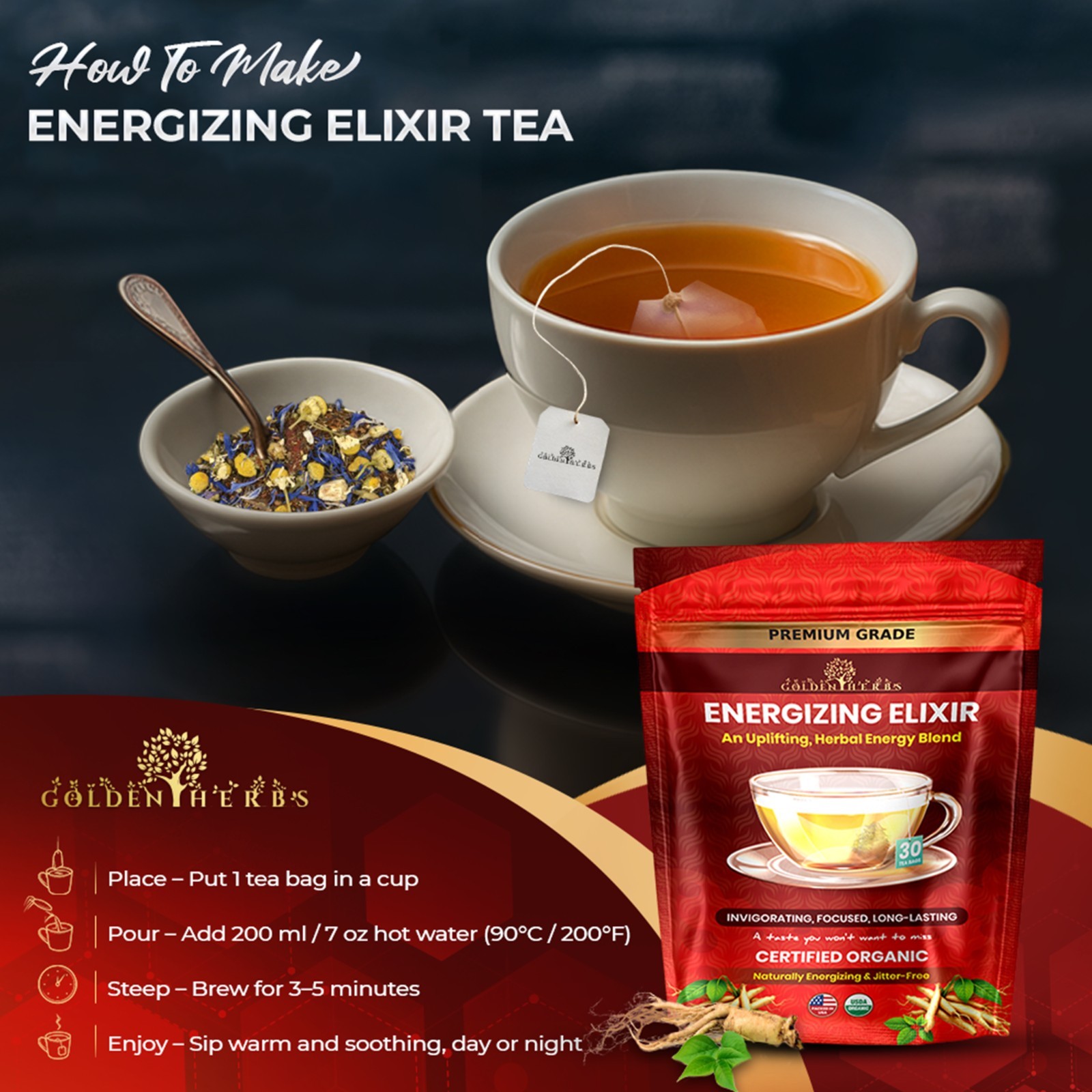 Golden Herbs Energizing Elixir Herbal Tea Natural Energy & Focus Support