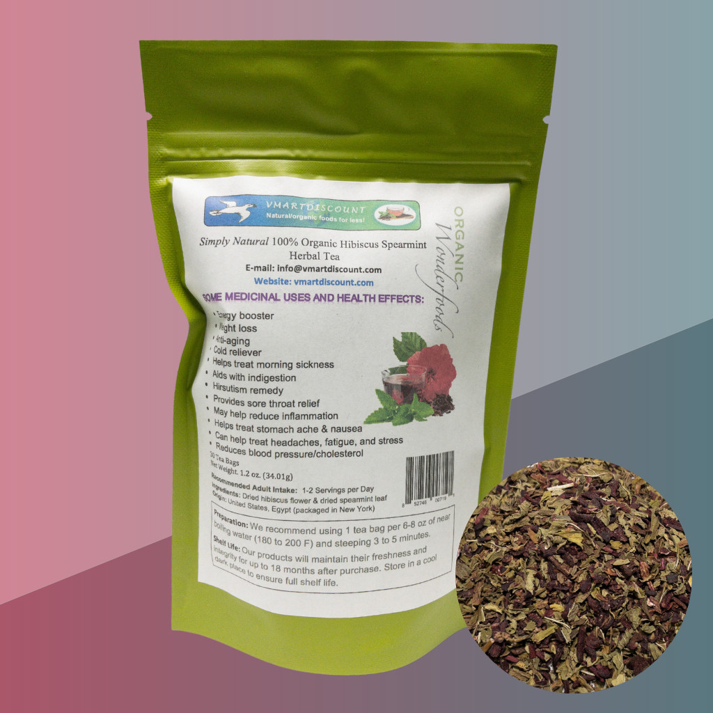 Hibiscus Spearmint Herbal Tea, 30 Premium Tea Bags, All Natural Herbal Tea