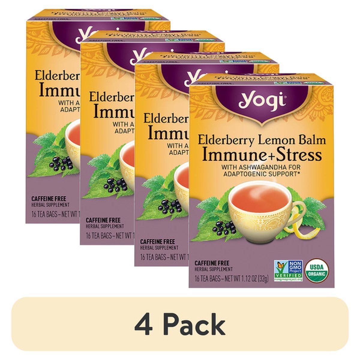 Yogi tea Ederberry Lemon Balm Immune + Sress Tea -16 Tea Bgs per Pack 4