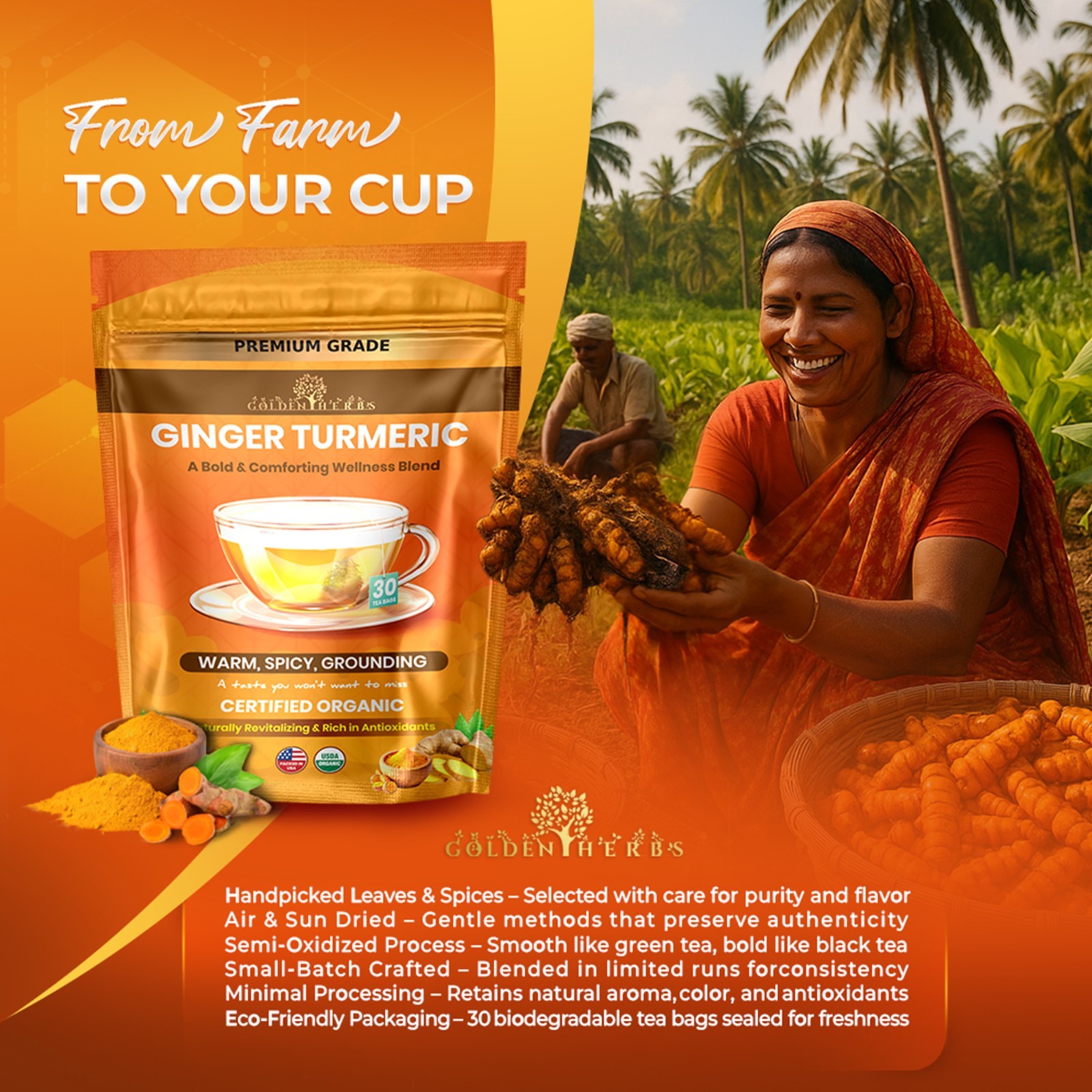 Golden Herbs Turmeric + Ginger Tea Bags, 30 Count Caffeine-Free Herbal Blend