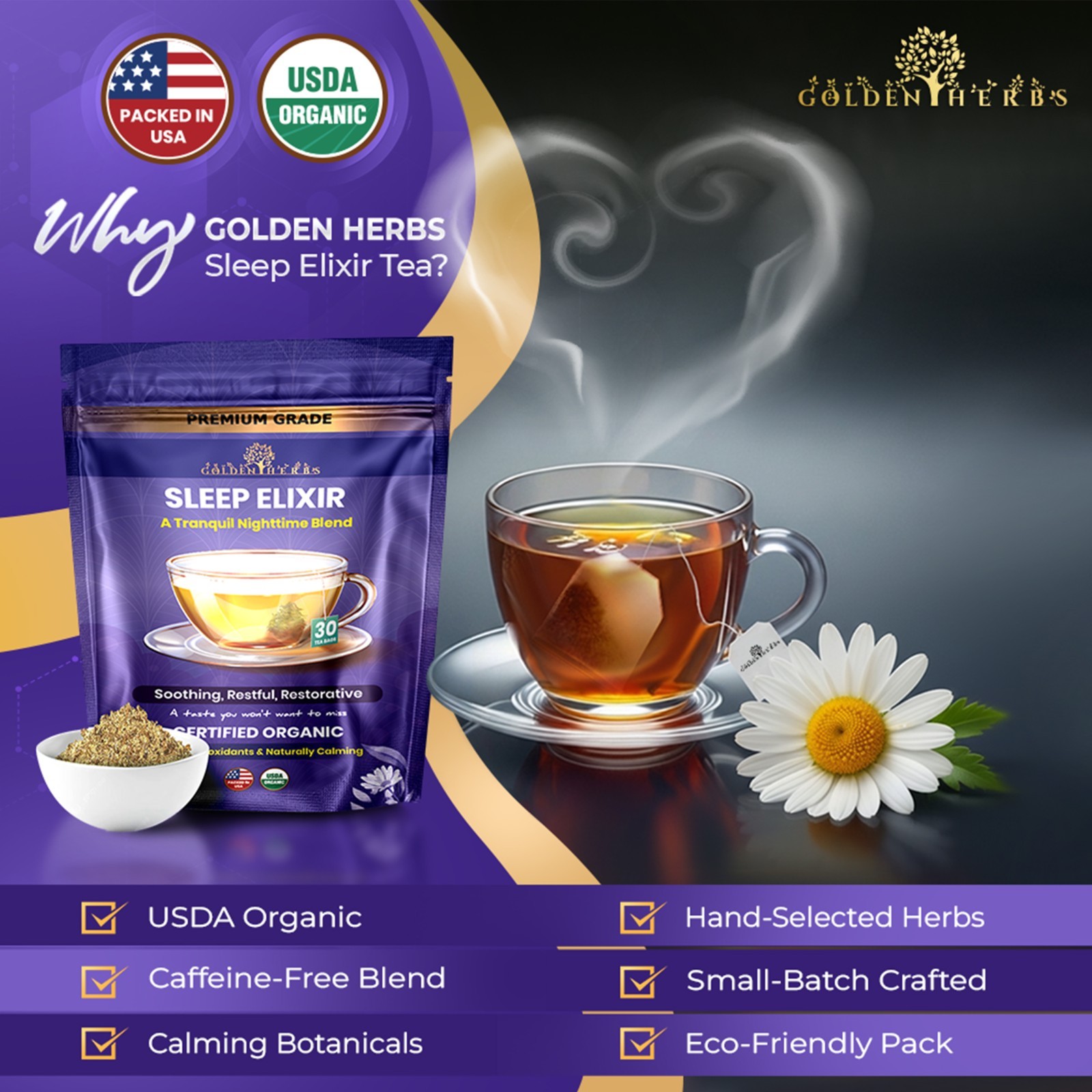 Golden Herbs Sleep Elixir Herbal Tea Relaxing Bedtime Blend with Chamomile