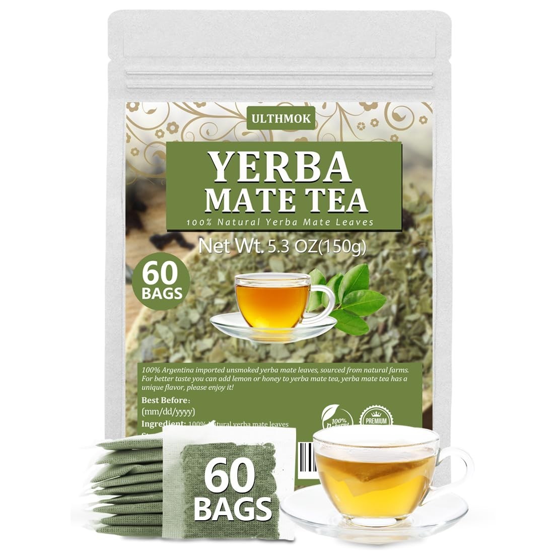 Yerba Mate Tea (60 Premium Bags)-100% pure natural yerba tea leaves