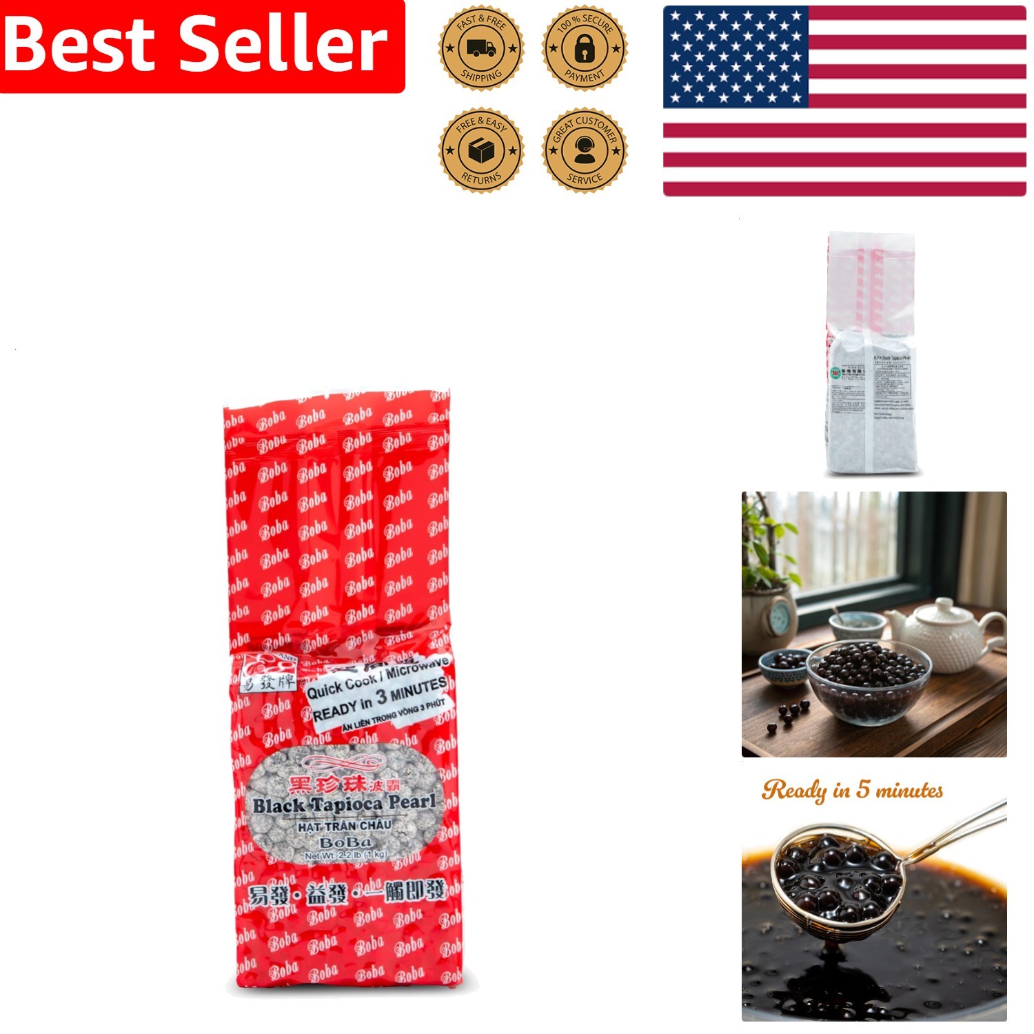 Microwave Ready Black Tapioca Pearls Boba 2.2LB Bubble Tea Drink Dessert