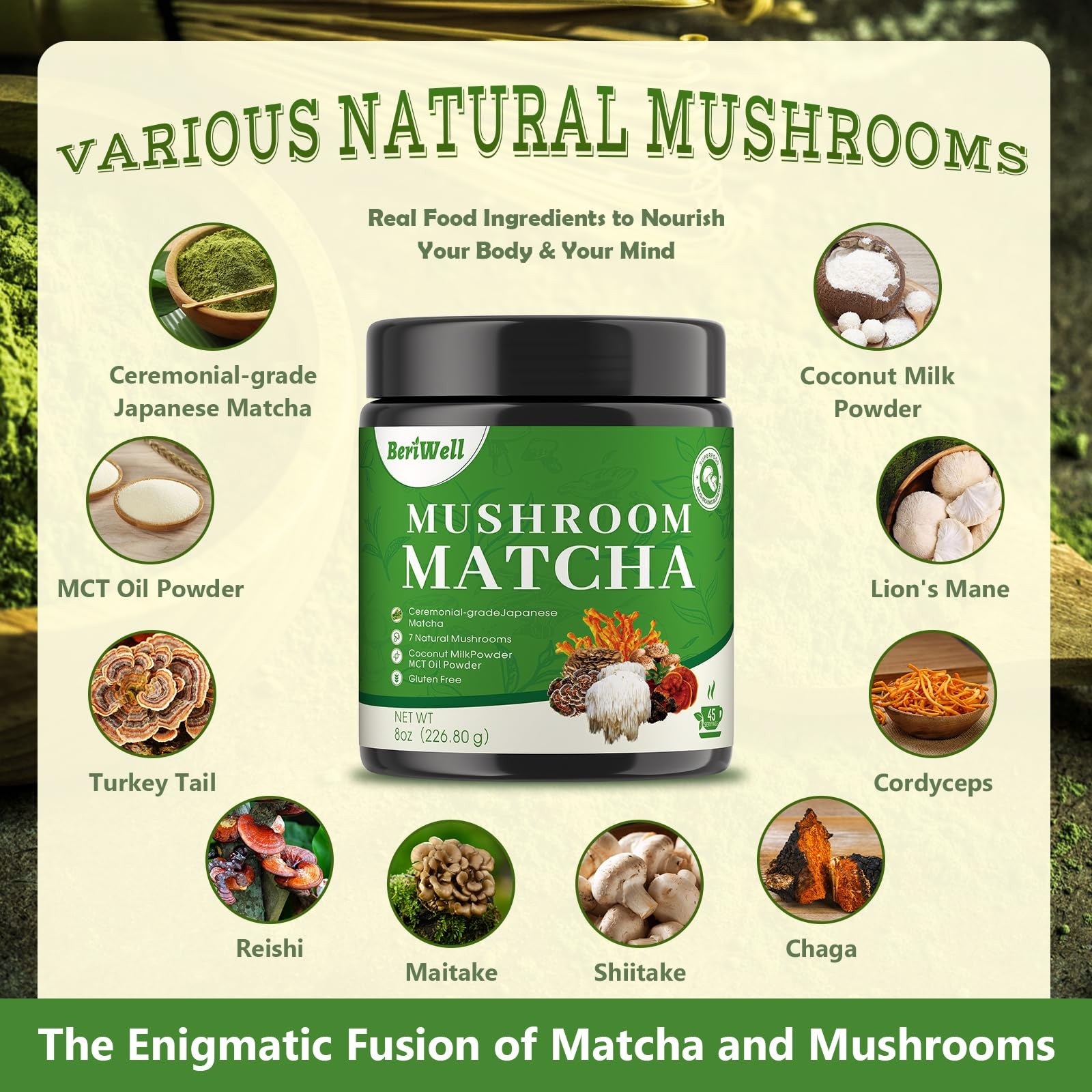 Mushroom Matcha Powder, Japanese Ceremonial Matcha Infused With 7 Superfood M…