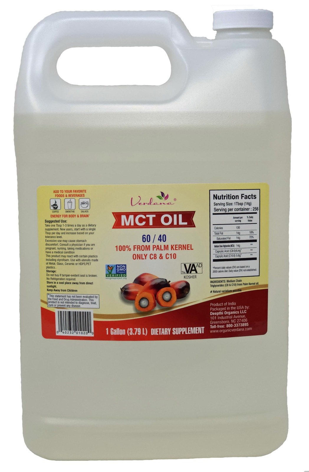 Verdana Food Grade MCT Oil – 1 Gallon (128 Fl Oz) – 128 Oz (Pack of 1)